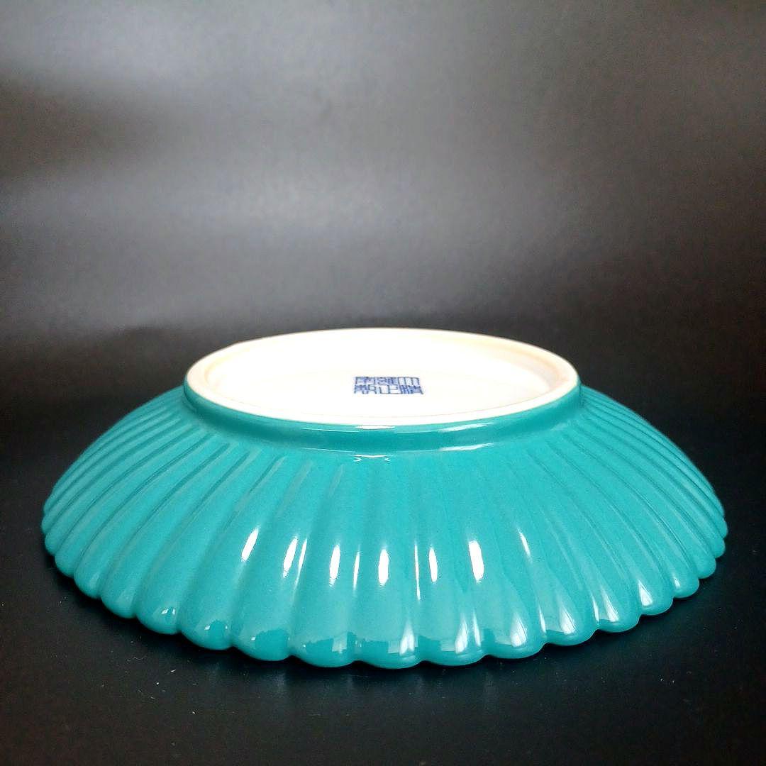 紅釉天藍釉菊口皿一対　中国古美術