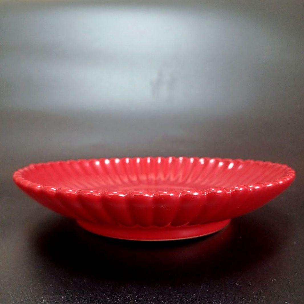 紅釉天藍釉菊口皿一対　中国古美術