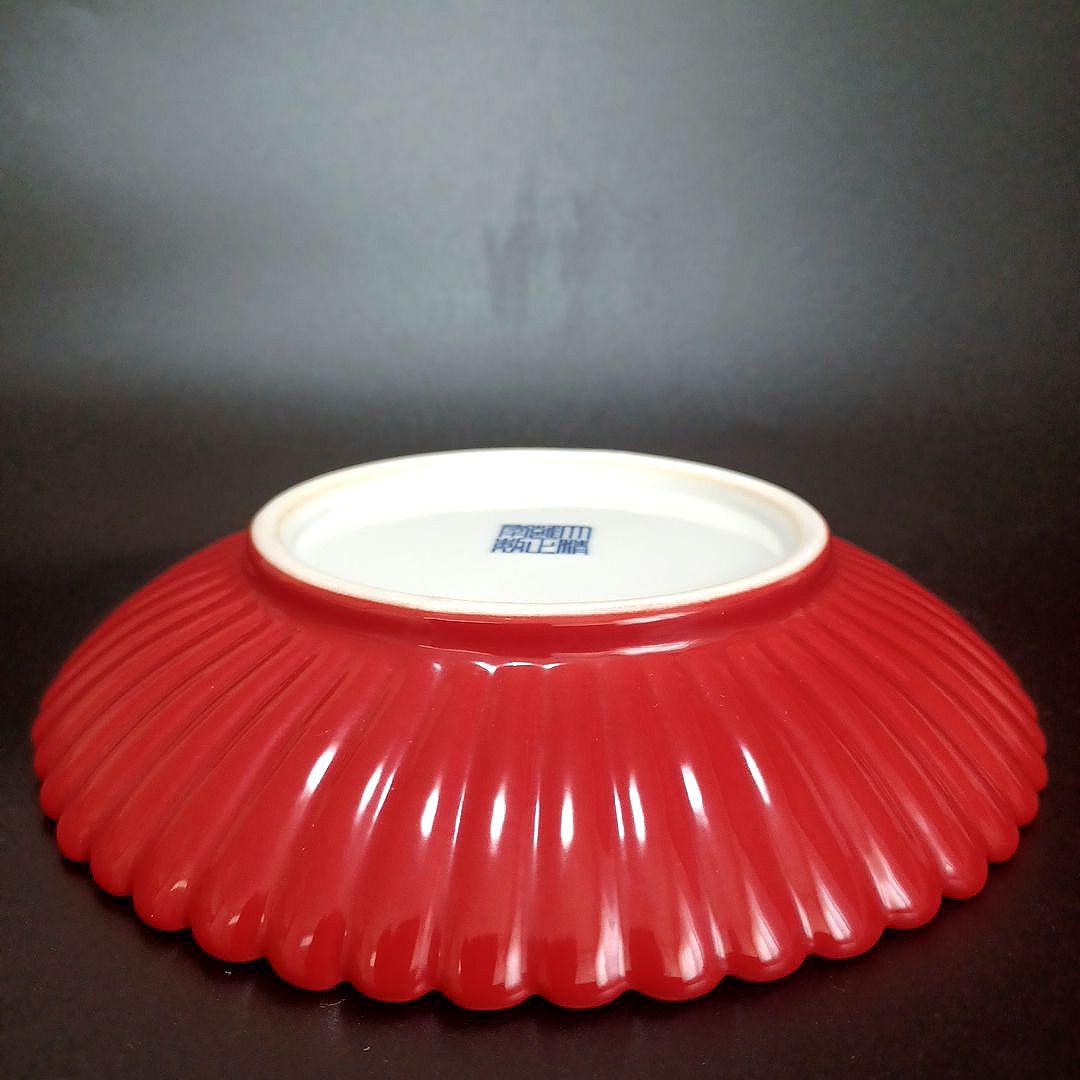 紅釉天藍釉菊口皿一対　中国古美術