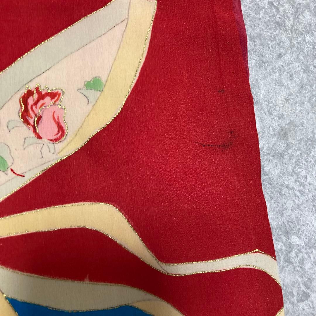 赤い花柄の着物と緑の帯セット，古布