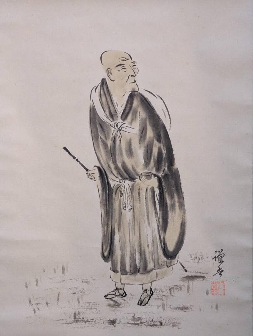 【真作】掛軸　山水僧図　静寂に佇む高僧の姿　山路を行く僧　水墨画掛軸　V3