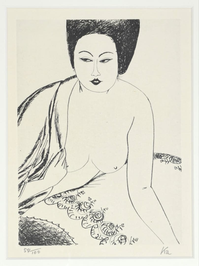 風間完 リトグラフ 54/100 直筆サイン 額装 女性像 美人画 版画 アート