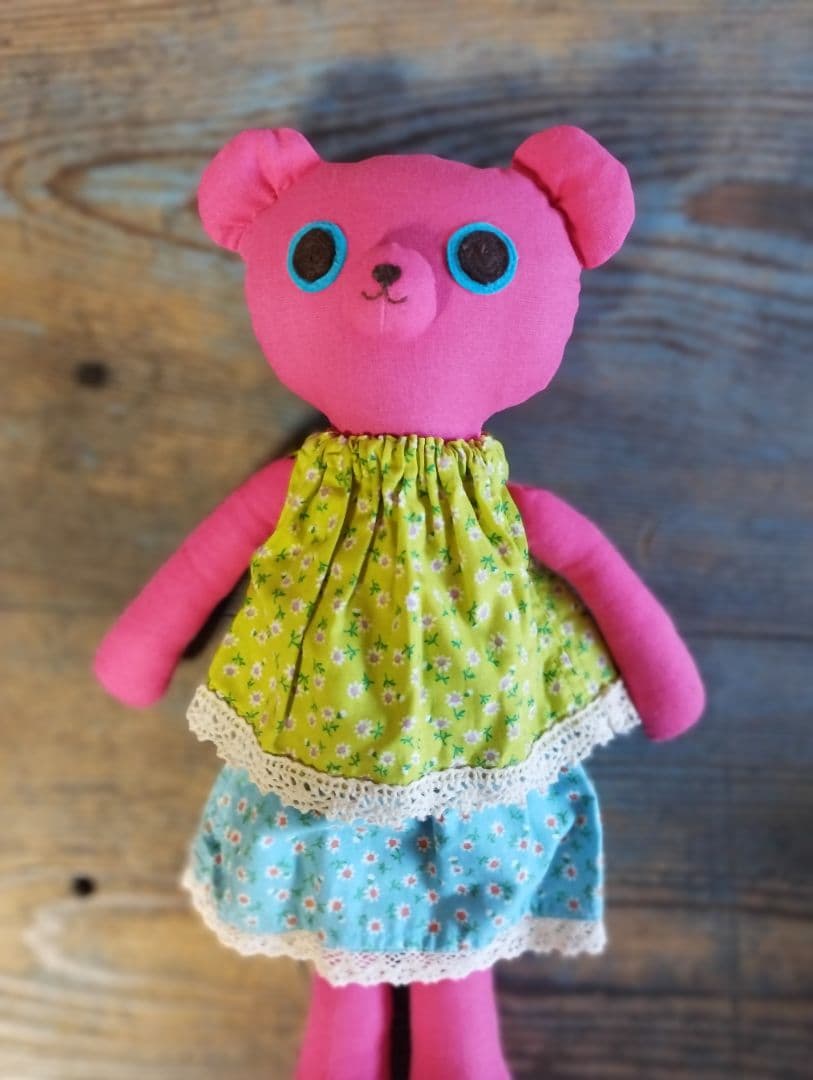 ハンドメイド「ピンクのくまさん」着せ替え人形 セット・手洗い可