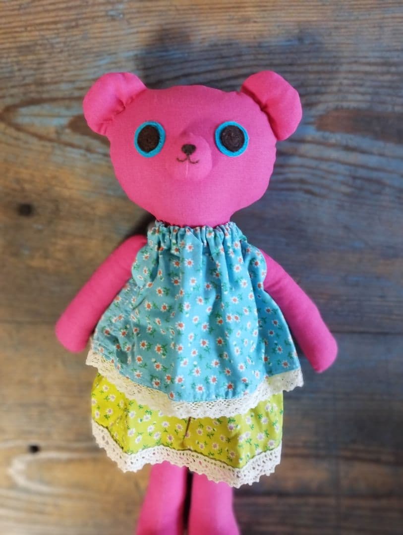 ハンドメイド「ピンクのくまさん」着せ替え人形 セット・手洗い可