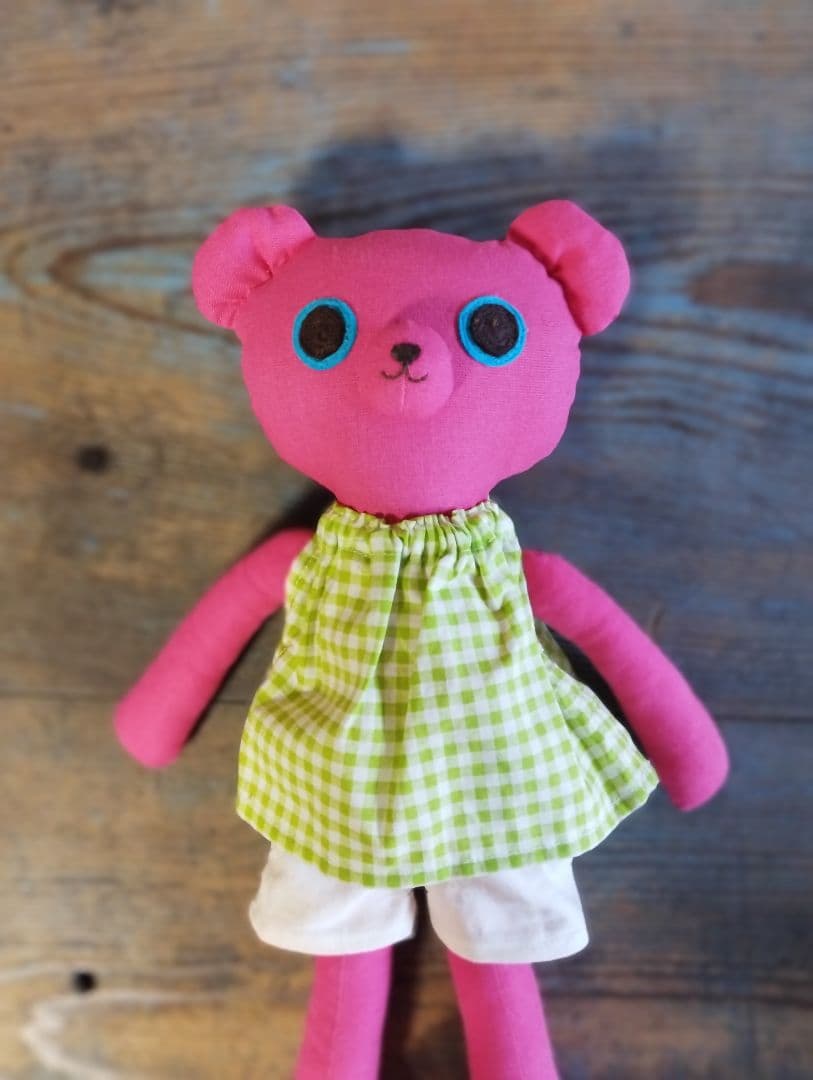 ハンドメイド「ピンクのくまさん」着せ替え人形 セット・手洗い可
