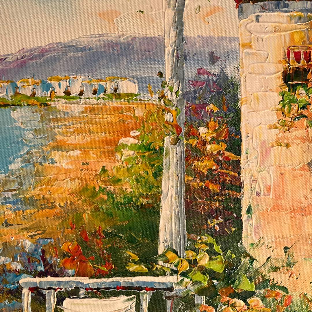 手書き油絵 地中海の風景 額付き 絵画 インテリア 油彩画