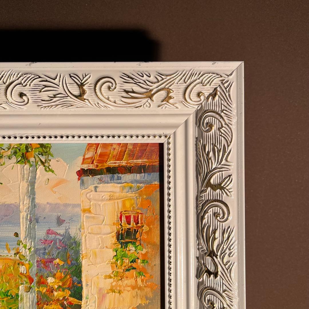 手書き油絵 地中海の風景 額付き 絵画 インテリア 油彩画