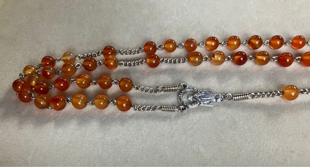 カトリック　ロザリオ　手編み　カーネリアン　長崎編み