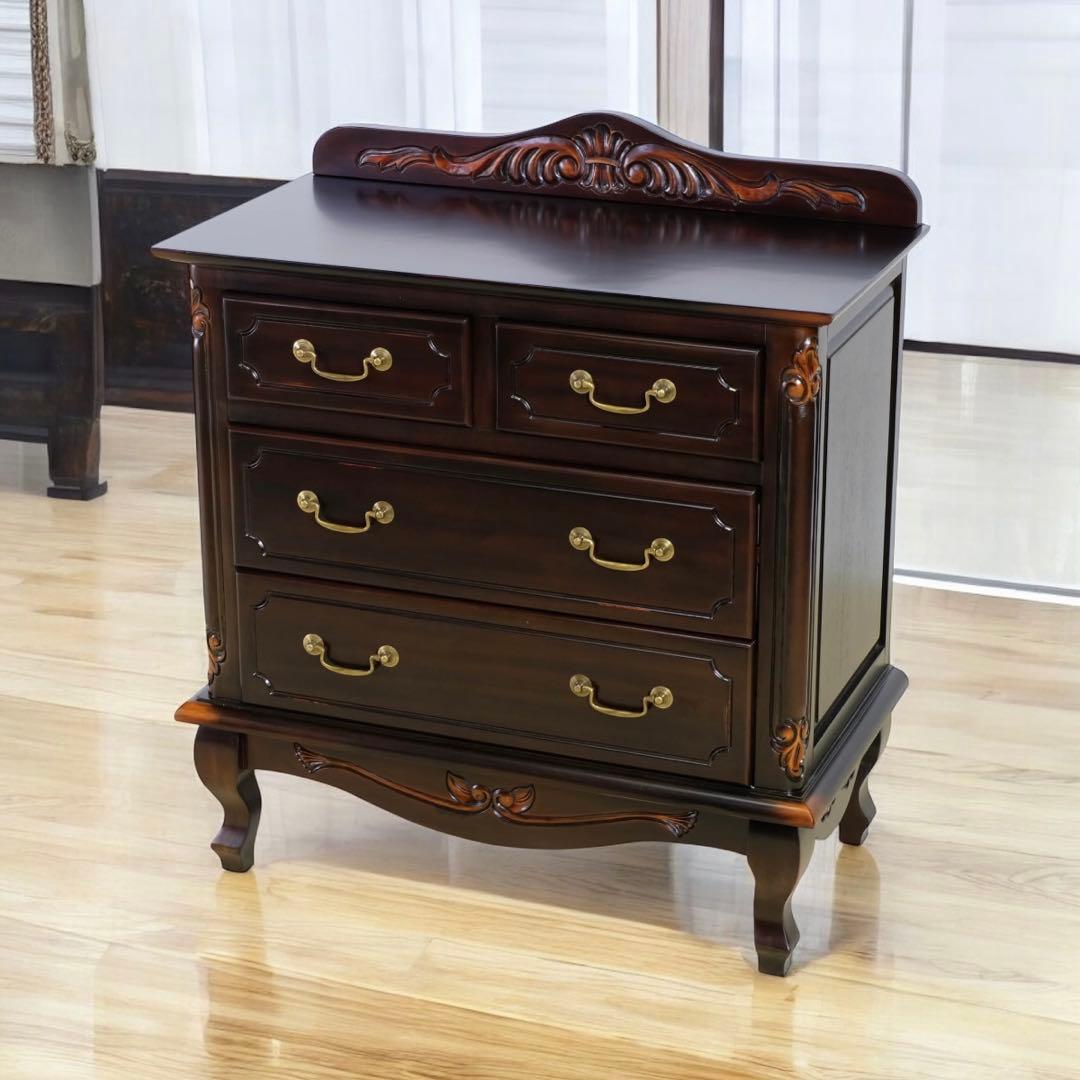 O 新品 アンティーク調 チェスト 75cm タンス 衣類収納 リビング 茶色