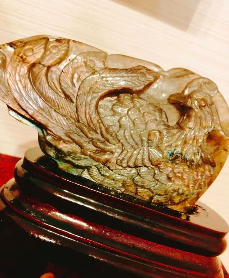 リ*ー様 鳳凰　彫刻　置物　天然石　ラブラドライト置物　ラブラドライト　台座付き