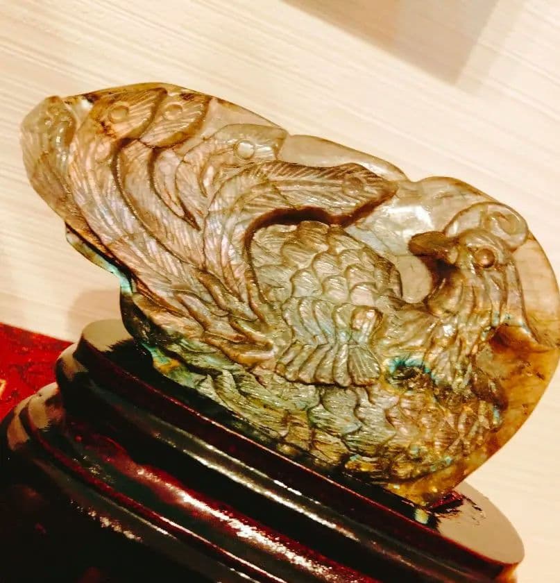 リ*ー様 鳳凰　彫刻　置物　天然石　ラブラドライト置物　ラブラドライト　台座付き