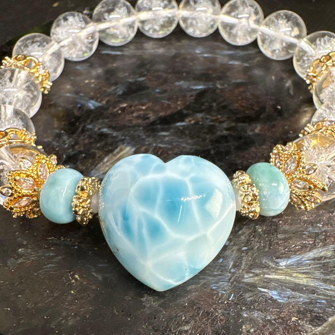 ラリマー　天然水晶　レーザー彫刻　雪の結晶　ブレスレット