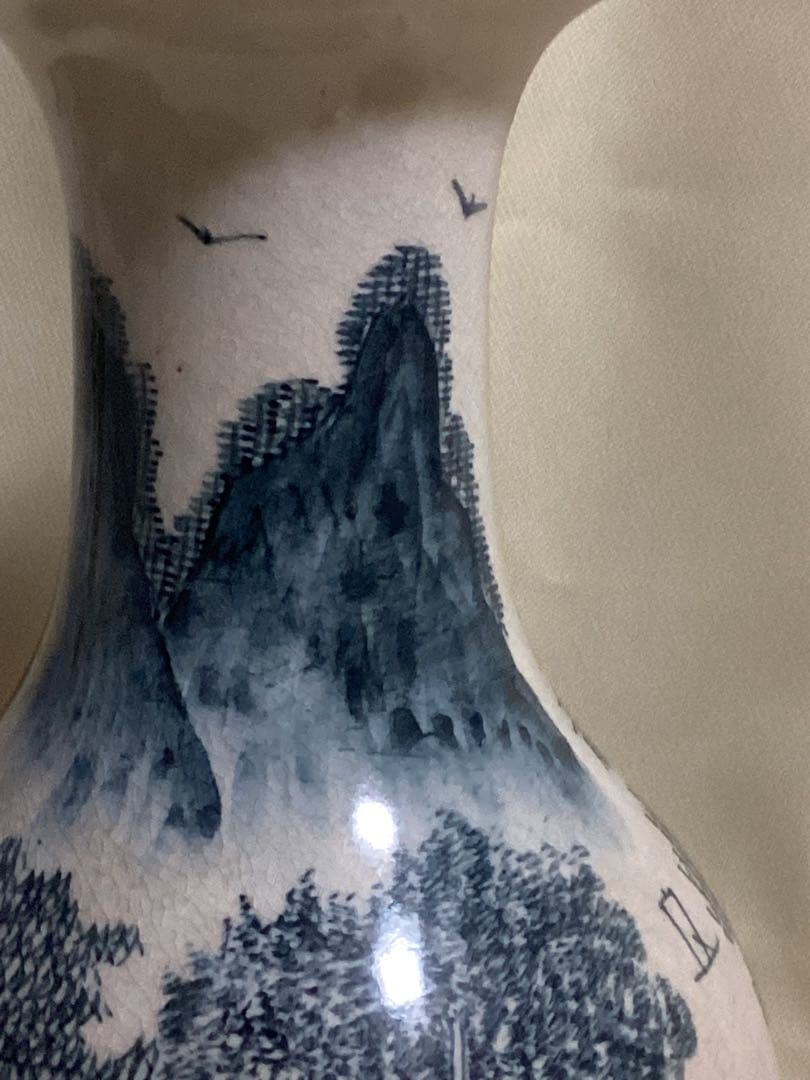 時代物　湖東焼　染付風景図花器　古陶磁江戸期　高さ約25.5cm×幅約15cm