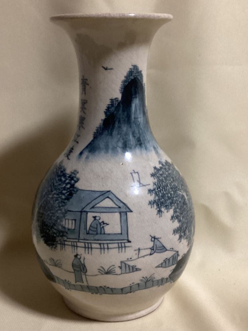 時代物　湖東焼　染付風景図花器　古陶磁江戸期　高さ約25.5cm×幅約15cm