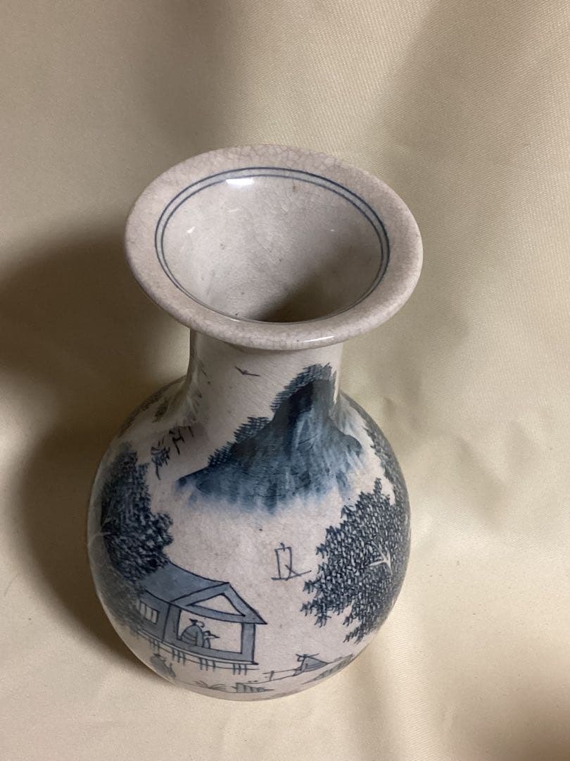 時代物　湖東焼　染付風景図花器　古陶磁江戸期　高さ約25.5cm×幅約15cm