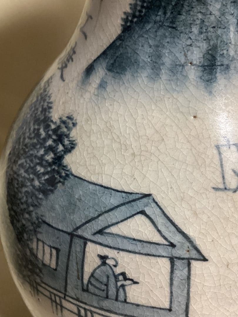 時代物　湖東焼　染付風景図花器　古陶磁江戸期　高さ約25.5cm×幅約15cm
