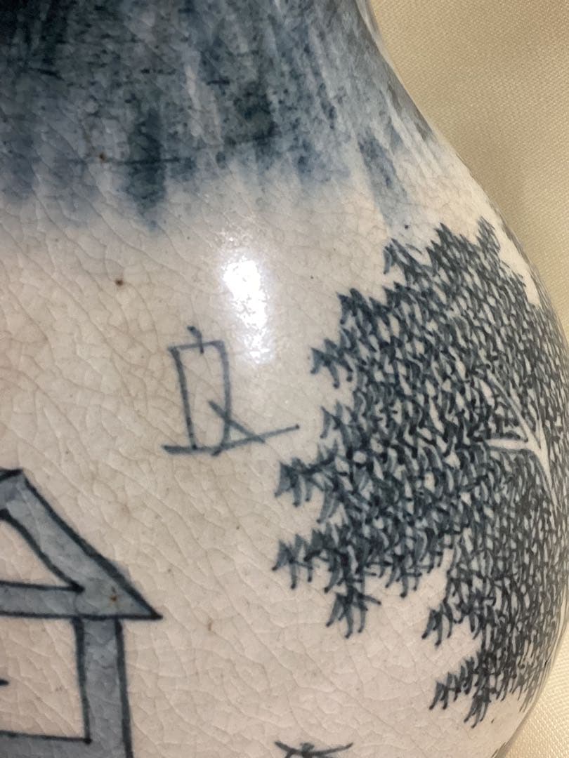 時代物　湖東焼　染付風景図花器　古陶磁江戸期　高さ約25.5cm×幅約15cm