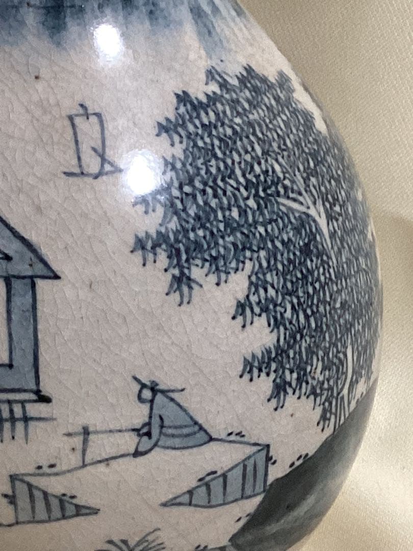 時代物　湖東焼　染付風景図花器　古陶磁江戸期　高さ約25.5cm×幅約15cm