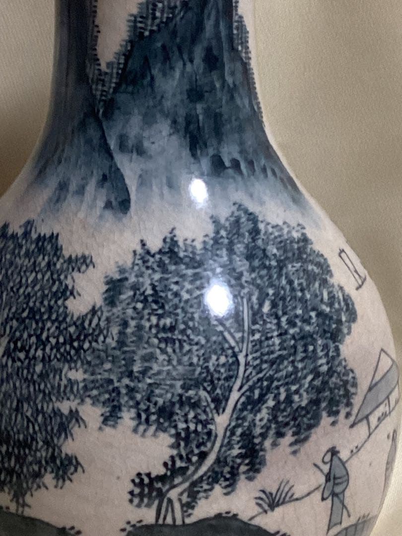 時代物　湖東焼　染付風景図花器　古陶磁江戸期　高さ約25.5cm×幅約15cm