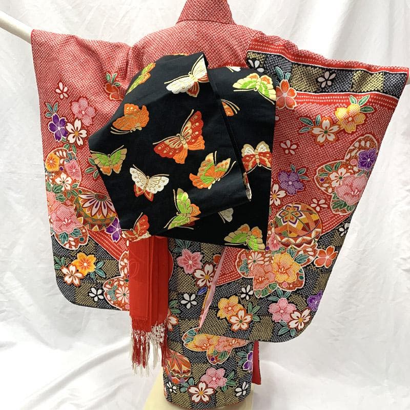 602ag31■七五三 七歳 女児 着物&開き帯&長襦袢 総絞り風 手鞠■美品