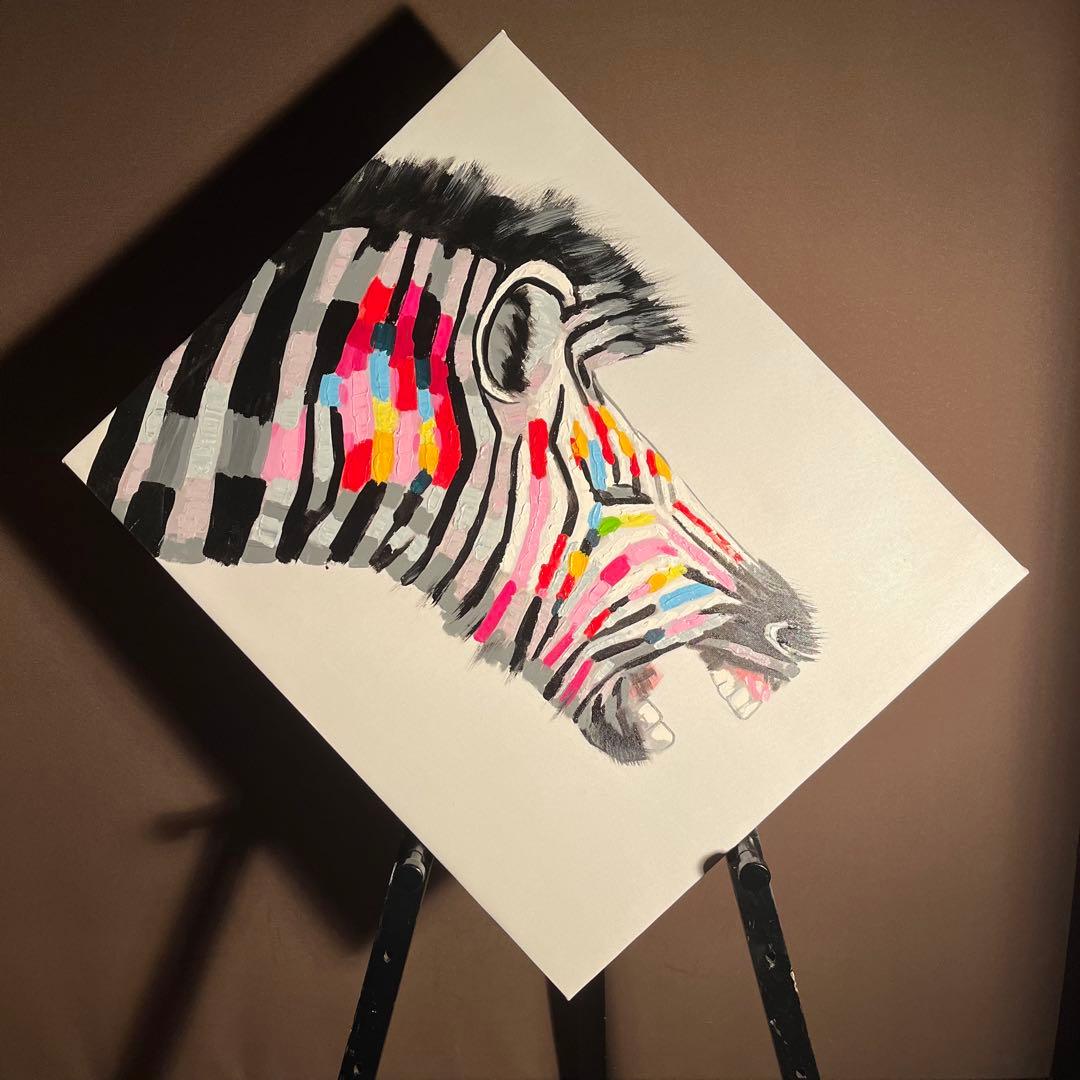 手書き油絵 シマウマ 絵画 インテリア 油彩画