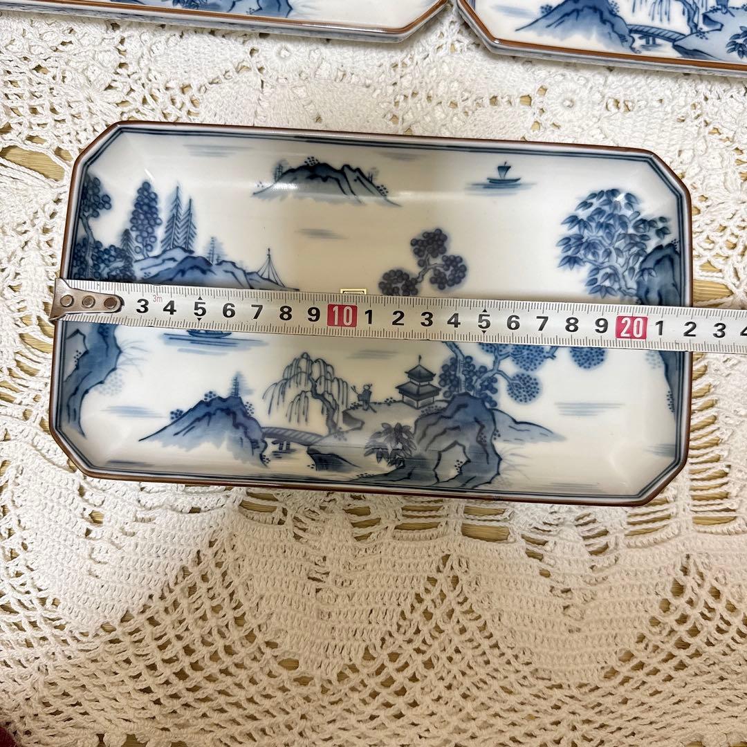 993 未使用 前畑陶器　庫山窯　染付山水　長皿　魚皿　焼物皿