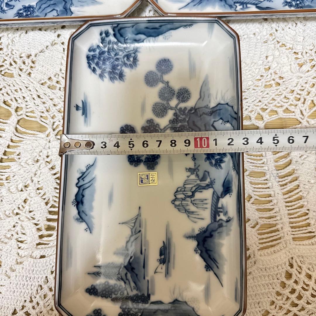 993 未使用 前畑陶器　庫山窯　染付山水　長皿　魚皿　焼物皿