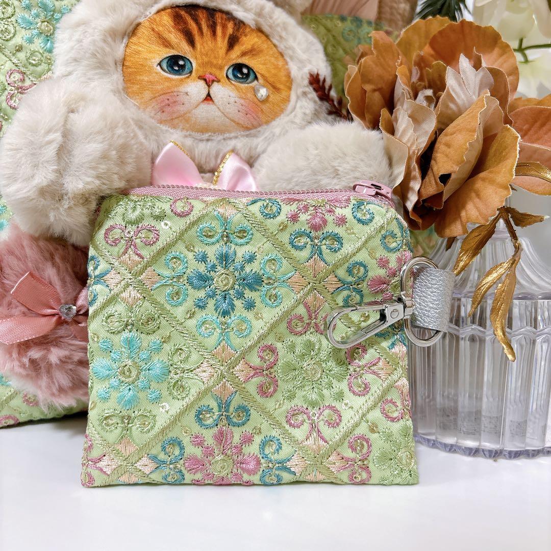 コヤンイサムチョン　森かごバック　お揃いポーチ付き　ヌビ　インド刺繍