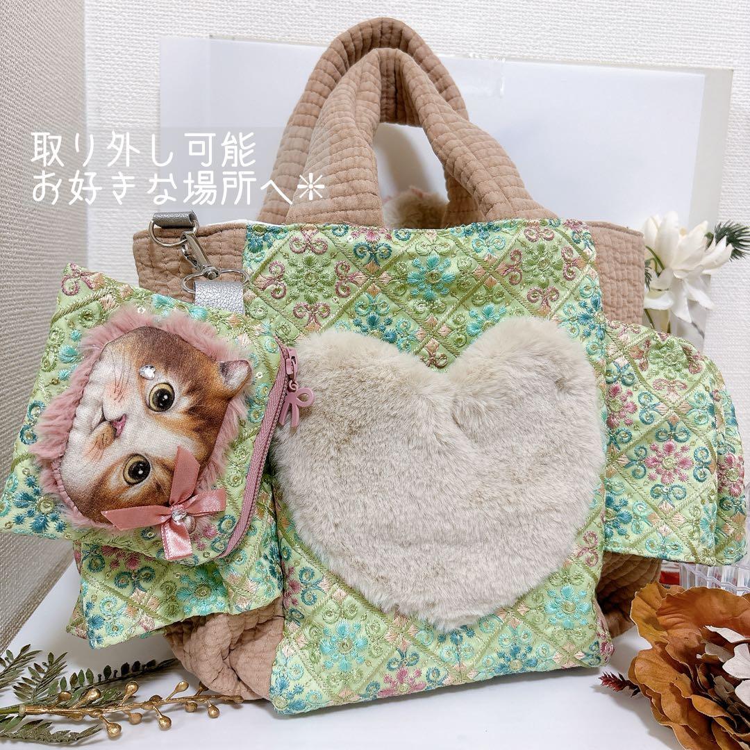 コヤンイサムチョン　森かごバック　お揃いポーチ付き　ヌビ　インド刺繍