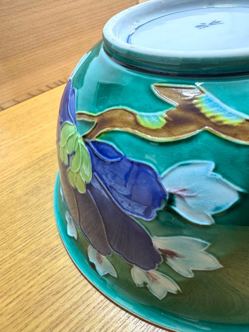 523 『平安　高島洸春造』『緑交趾』『牡丹絵』『深鉢』　菓子器　未使用品　共箱