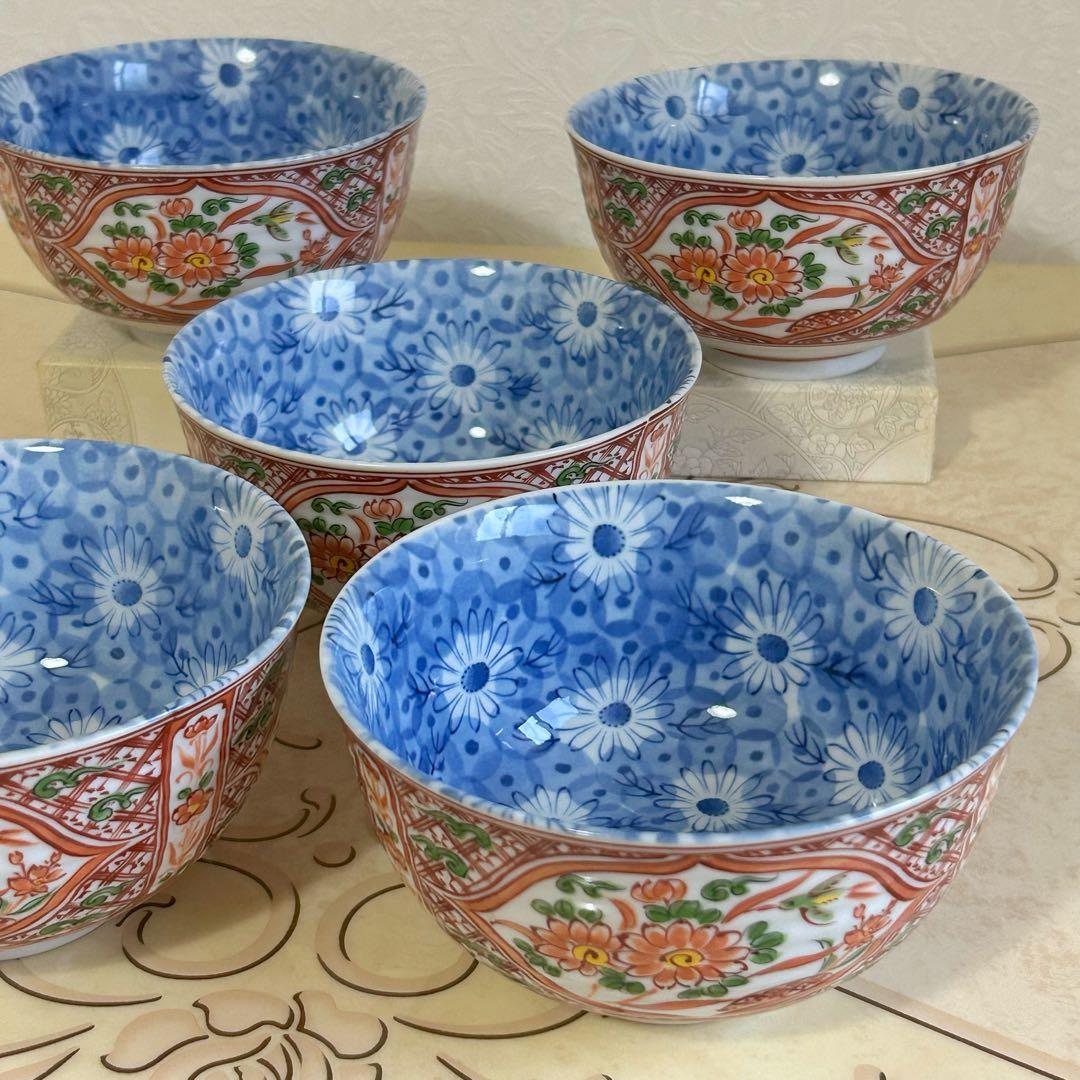 有田焼　喜峰窯　赤絵花鳥　丼ぶり揃　5客セット　どんぶり　 染付　中鉢　古伊万里