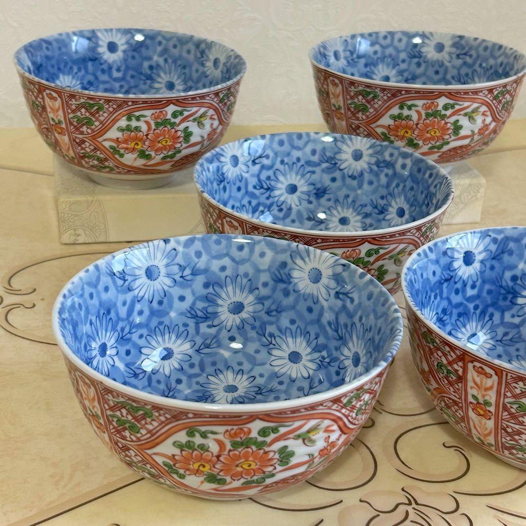 有田焼　喜峰窯　赤絵花鳥　丼ぶり揃　5客セット　どんぶり　 染付　中鉢　古伊万里