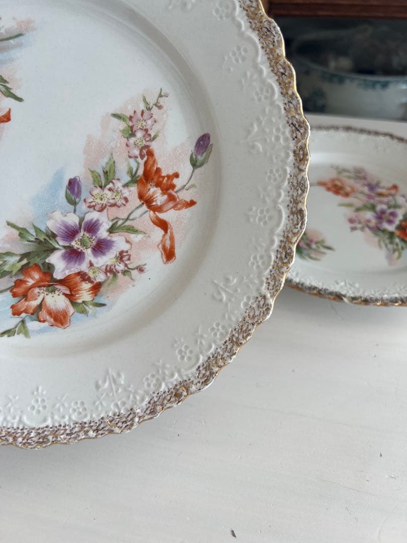 フランス アンティーク デザートプレート クレイユモントロー　金彩　花