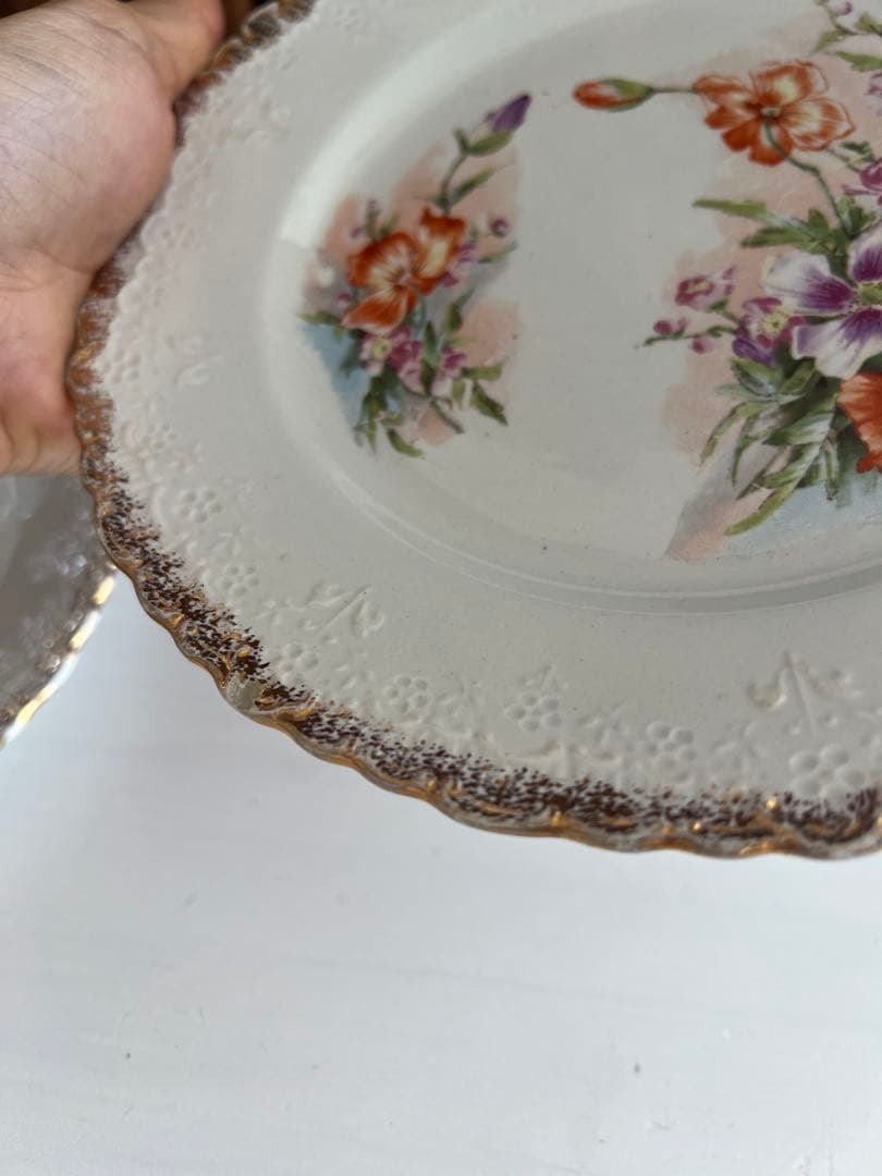 フランス アンティーク デザートプレート クレイユモントロー　金彩　花