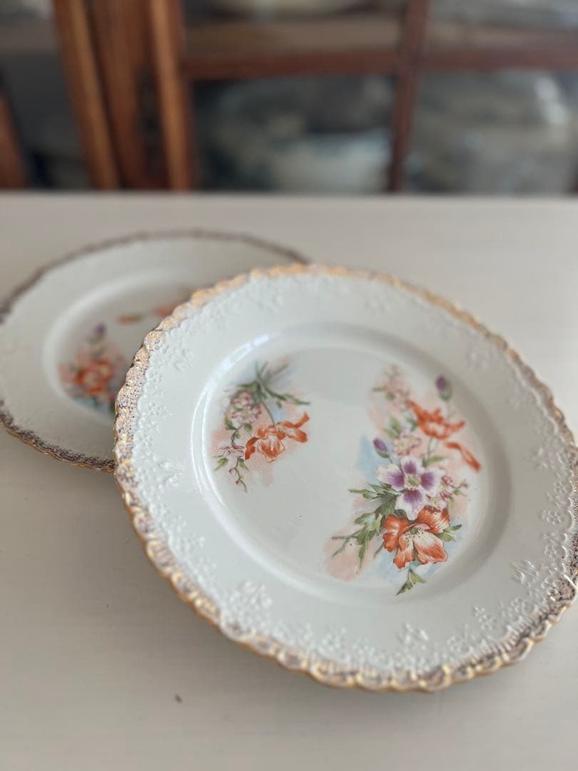 フランス アンティーク デザートプレート クレイユモントロー　金彩　花