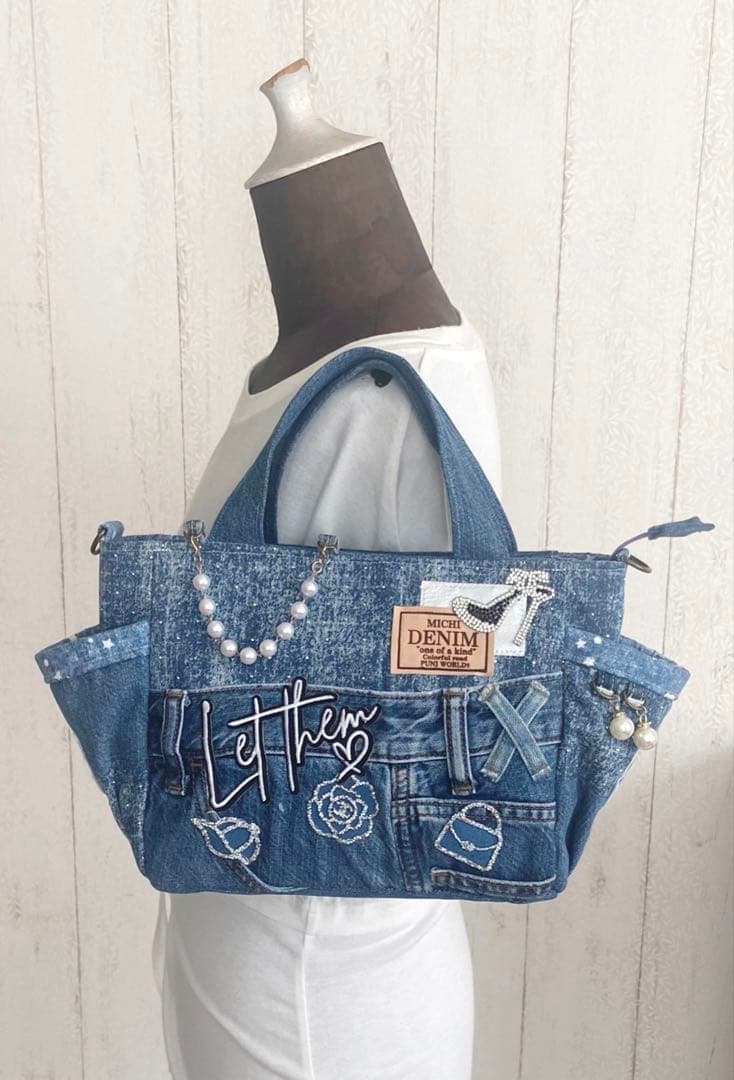 デニムリメイクバッグS キラキラストーンデニム