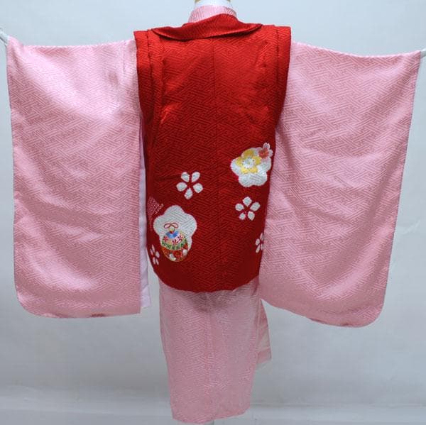 七五三 三歳 女児 被布着物フルセット 正絹 綸子 絞り 柄刺繍 お仕立て無料