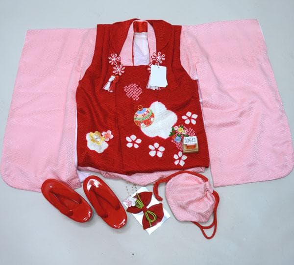 七五三 三歳 女児 被布着物フルセット 正絹 綸子 絞り 柄刺繍 お仕立て無料
