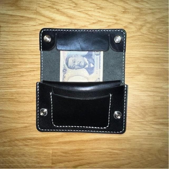 ミドルトラッカーウォレット/栃木レザー/黒色/ステッチ白色/フルハンドメイド