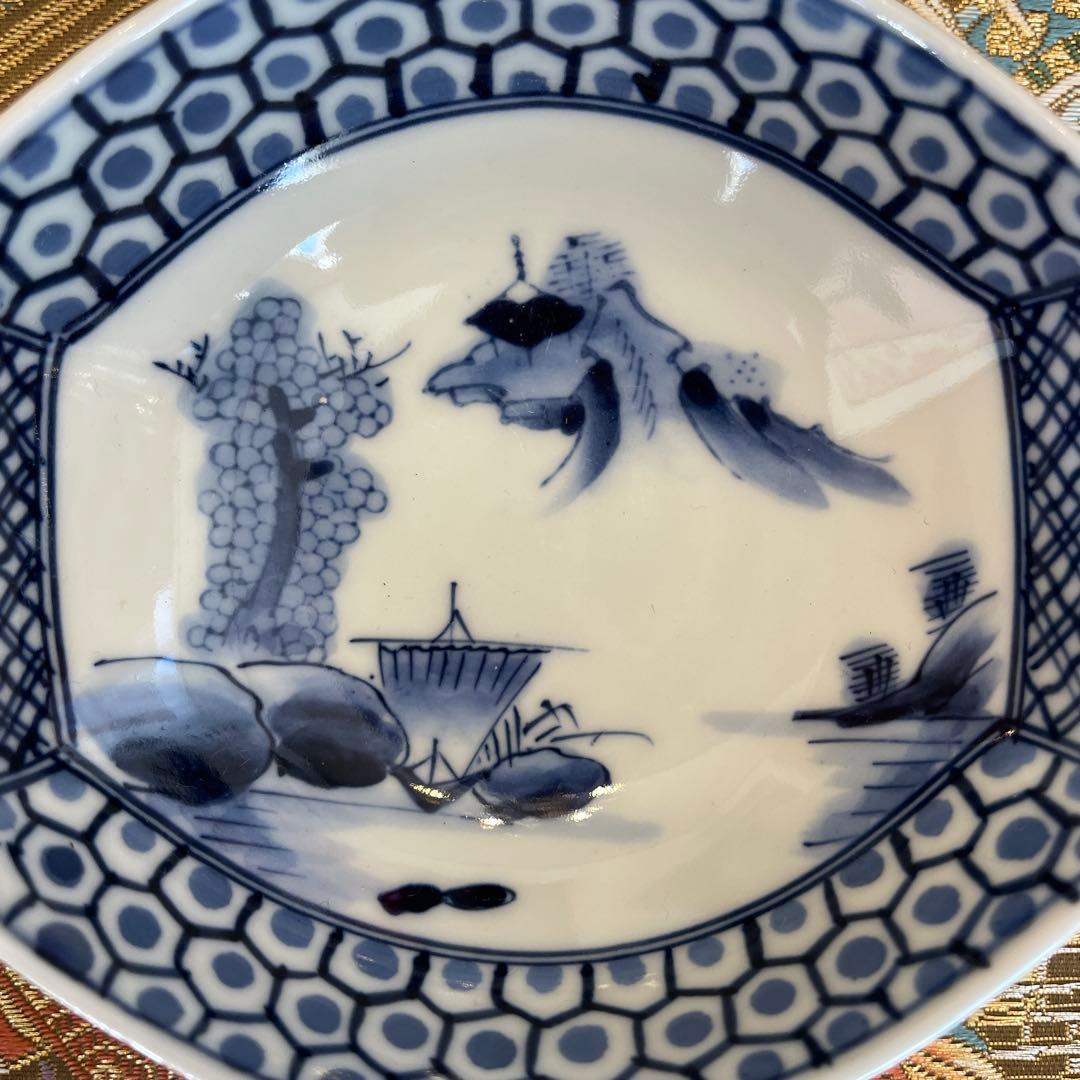 ①たち吉　八角大鉢1 ②染付蓋付き丼3 ③染付舟形小鉢3 ④豆皿3 ⑤御箸3