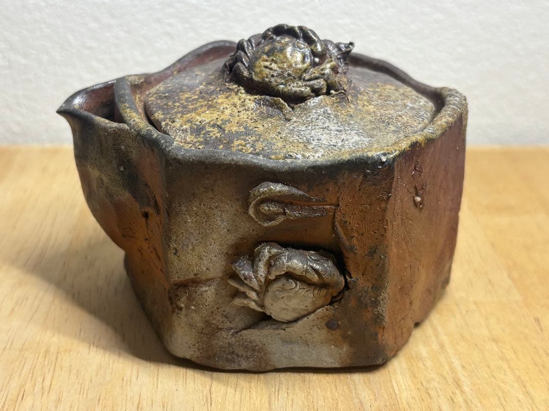 127. 備前焼 宝瓶 登り窯 カニとタニシ 貝6角 手びねり 急須