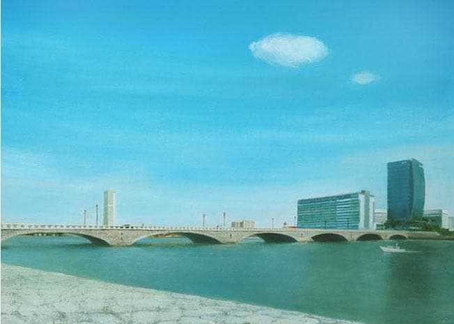 油絵 菅家令子 絵 絵画インテリア額付(青緑+金色の枠)F6-080314万代橋