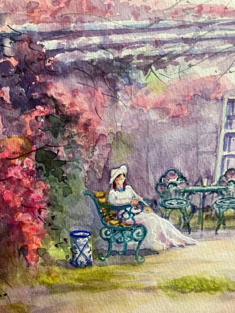 1100☆水彩画原画　風景画　バラの庭園　［赤いバラが好き］