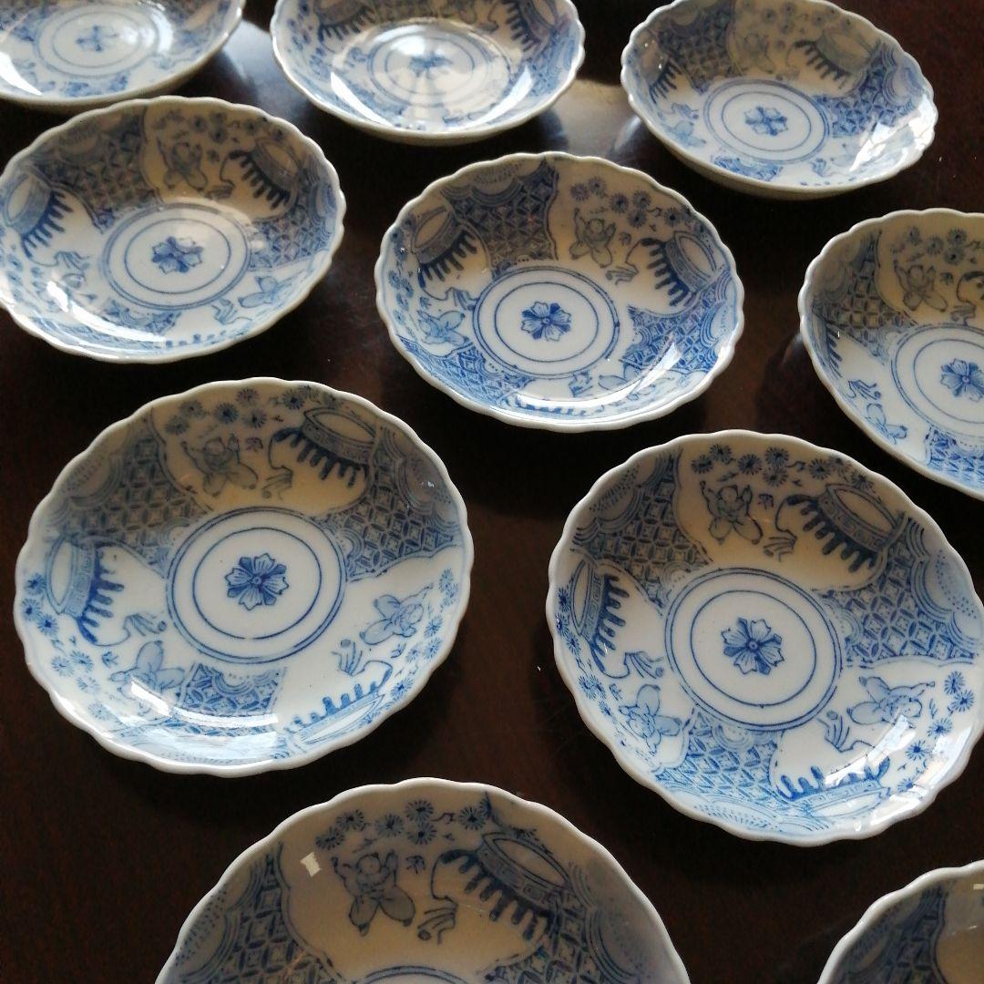 伊万里　染付輪花縁唐子紋小皿　15枚　13cm　明治～大正期