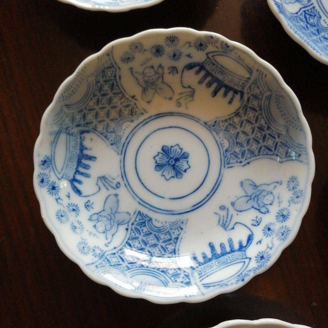 伊万里　染付輪花縁唐子紋小皿　15枚　13cm　明治～大正期