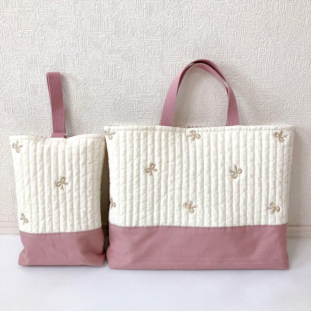 レッスンバッグ　上履き入れ ヌビ　リボン刺繍　ハンドメイド