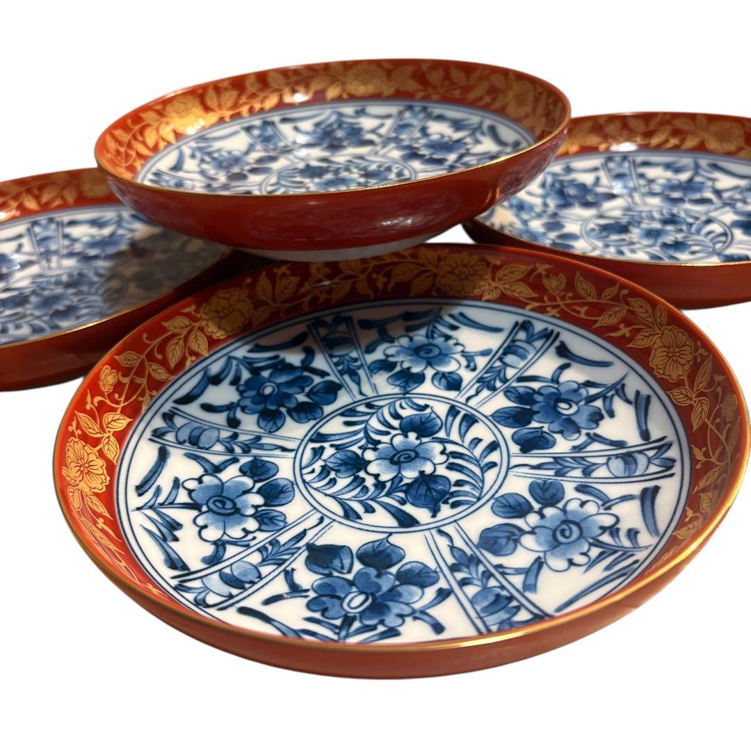 有田焼　大吉窯　金彩 染付 花文様 　中皿　5枚セット　古伊万里　銘々皿　赤絵