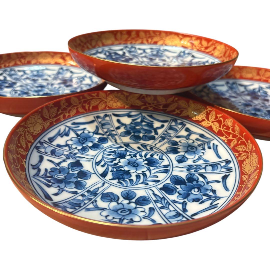 有田焼　大吉窯　金彩 染付 花文様 　中皿　5枚セット　古伊万里　銘々皿　赤絵