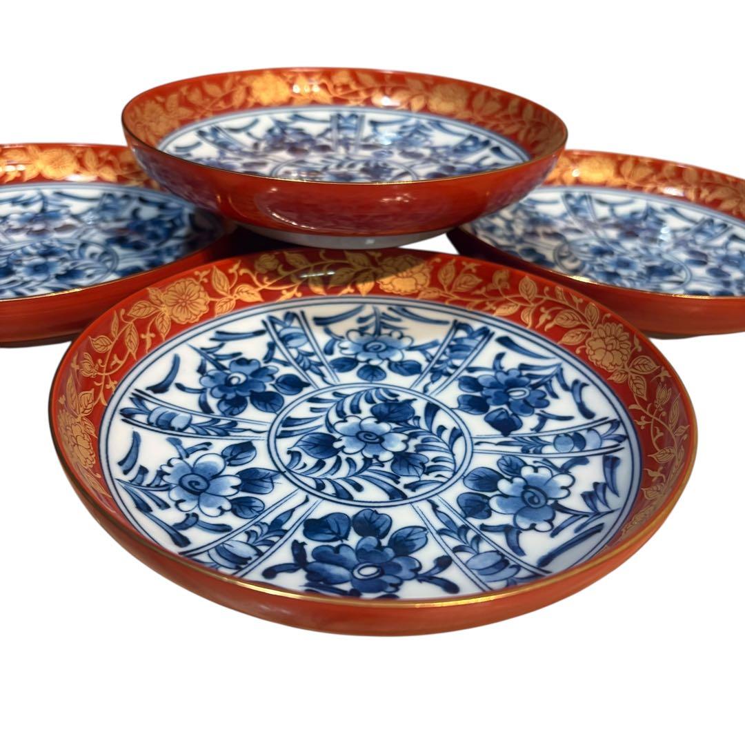 有田焼　大吉窯　金彩 染付 花文様 　中皿　5枚セット　古伊万里　銘々皿　赤絵