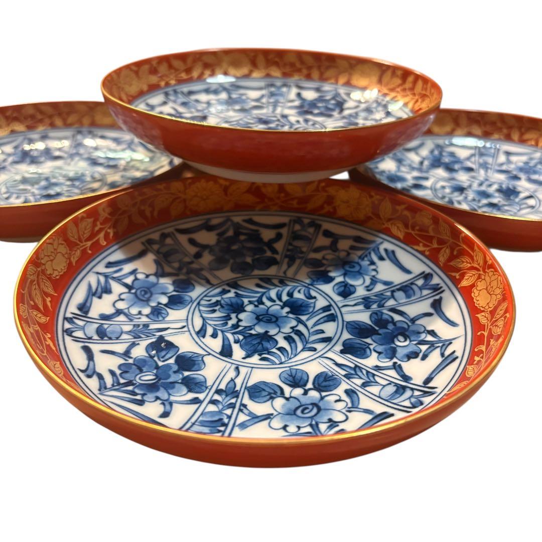有田焼　大吉窯　金彩 染付 花文様 　中皿　5枚セット　古伊万里　銘々皿　赤絵